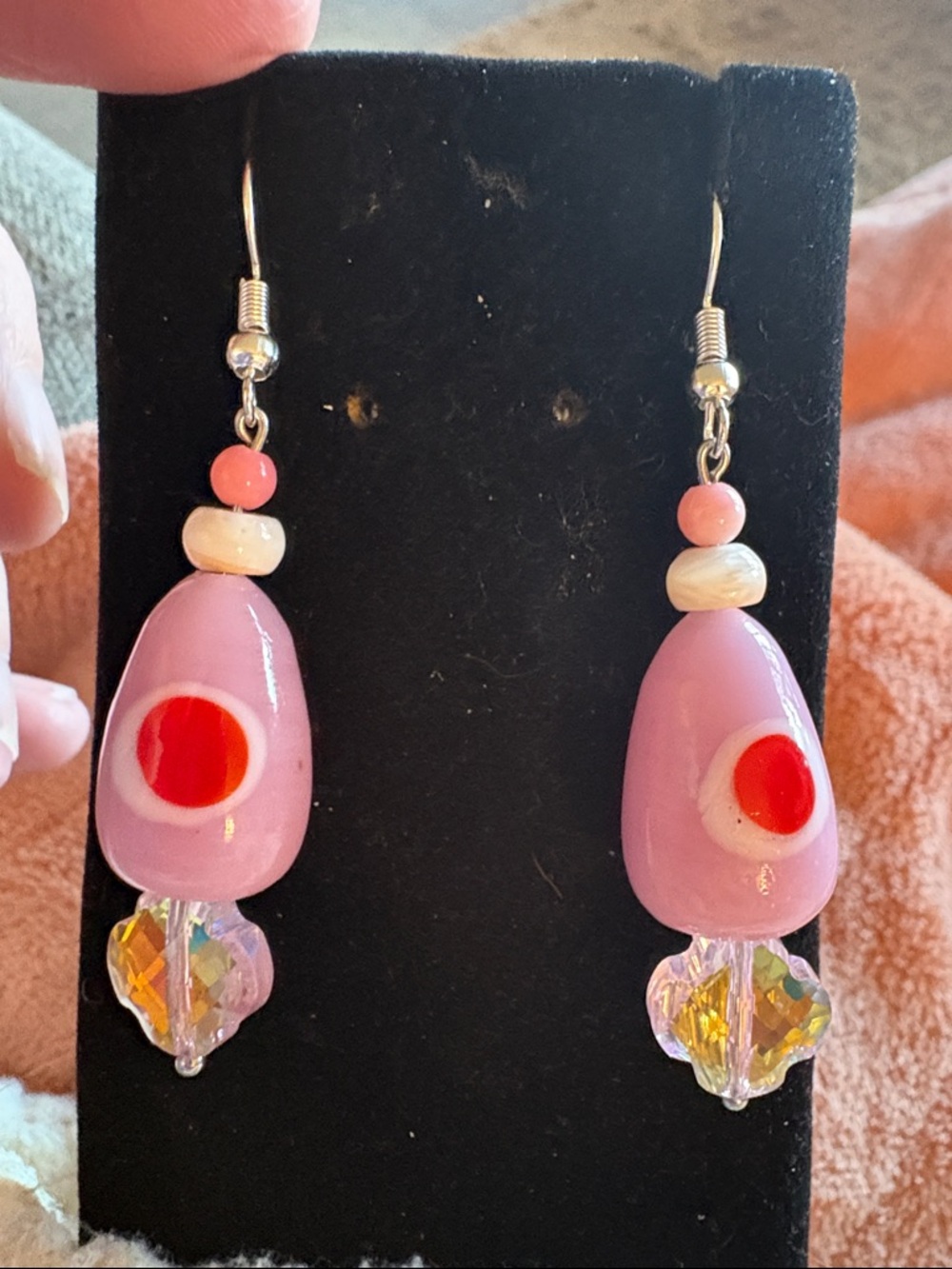 Hand Crafted Pink Drop Earrings with Red Accent